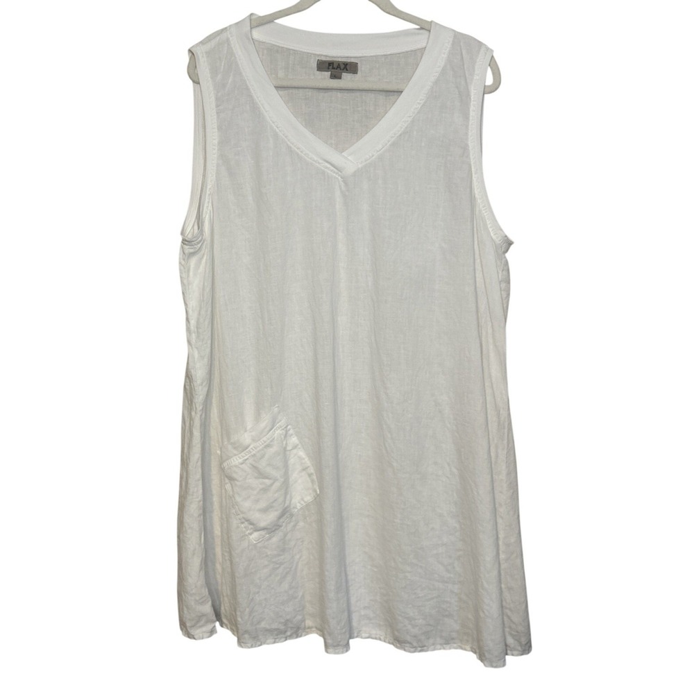 FLAX White Linen Long Tunic V-neck Pocket Lagenlook Layering Large